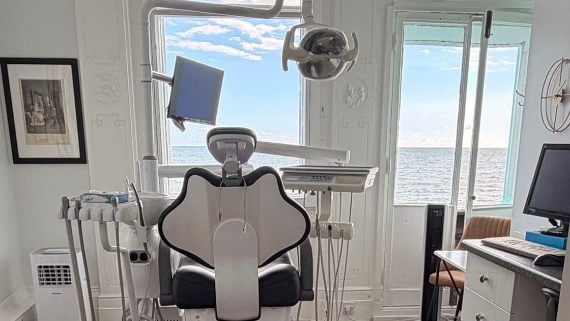 A treatment room at A.G. Smiles looking out over the sea at Hastings